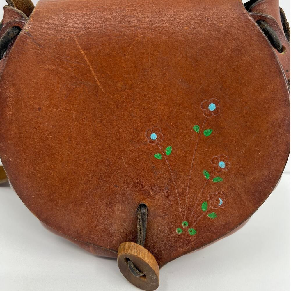 70's Childs Leather Shoulder Bag with Painted Flowers - Picture 2 of 8
